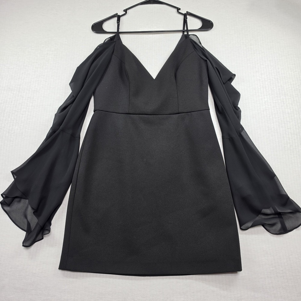 BCBGMaxAzria Black Sheer Bell Sleeve Cold Shoulder Mini Dress 6 Whimsigoth Sexy